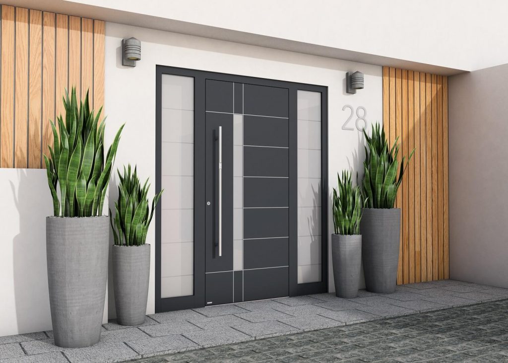 Contemporary aluminium front door in grey